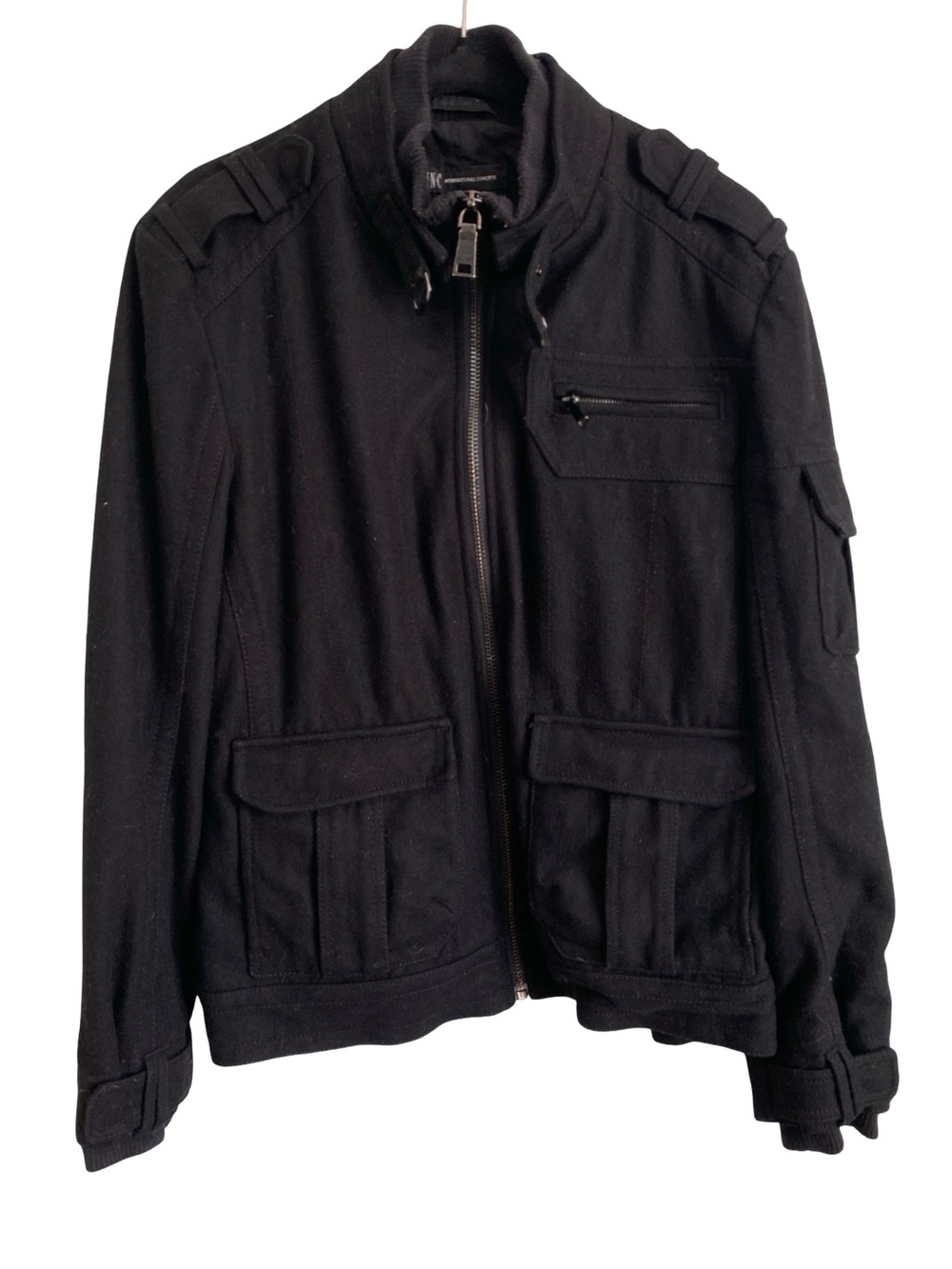 INC International Concepts Black Wool Military Utility Bomber Jacket L